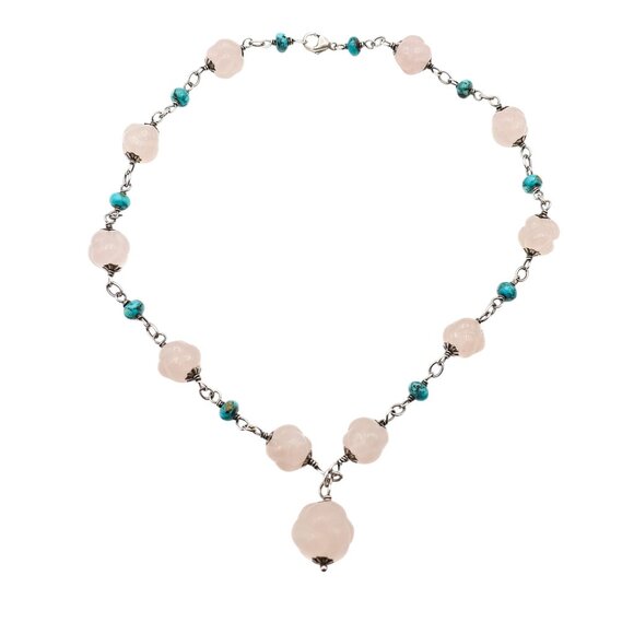 Vintage Floral Carved Rose Quartz & Turquoise Beaded Sterling Silver Necklace 16 - Picture 1 of 5